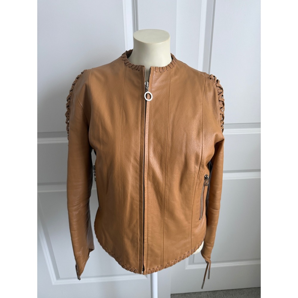 Marcia Collection Tan Italian Leather Lace Up Sleeve Moto Jacket Women Medium